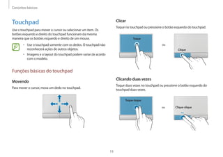 Conceitos básicos
19
Clicar
Toque no touchpad ou pressione o botão esquerdo do touchpad.
Toque
Clique
ou
Clicando duas vezes
Toque duas vezes no touchpad ou pressione o botão esquerdo do
touchpad duas vezes.
Toque-toque
Clique-cliqueou
Touchpad
Use o touchpad para mover o cursor ou selecionar um item. Os
botões esquerdo e direito do touchpad funcionam da mesma
maneira que os botões esquerdo e direito de um mouse.
• 	Use o touchpad somente com os dedos. O touchpad não
reconhecerá ações de outros objetos.
• 	Imagens e o layout do touchpad podem variar de acordo
com o modelo.
Funções básicas do touchpad
Movendo
Para mover o cursor, mova um dedo no touchpad.
 