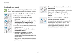 Apêndice
67
Conecte o cabo de alimentação firmemente ao
adaptador CA.
Uma conexão incorreta pode resultar em incêndio.
Use somente o adaptador CA fornecido.
Usar adaptadores de outras fontes poderá fazer a
tela girar.
Use apenas tomadas elétricas ou cabos de
extensão corretamente aterrados.
Tomadas elétricas ou cabos de extensão sem fio
de terra podem causar choque elétrico.Todas
as conexões a tomadas elétricas ou cabos de
extensões sem fios de terra podem produzir
campos elétricos a partir de uma fuga.
Relacionado com energia
Os dados do plugue de alimentação e da tomada na parede
podem variar dependendo do país e o modelo do produto.
Manuseie o cabo de alimentação com cuidado.
• 	Não toque com as mãos molhadas.
• 	Não use um cabo danificado ou mal
conectado.
• 	Não sobrecarregue uma tomada com várias
saídas nem um cabo de extensão com
voltagem/corrente acima do especificado.
• 	Conecte o cabo de alimentação firmemente
no adaptador CA.
• 	Não desconecte o cabo de alimentação ao
simplesmente puxá-lo.
• 	Desconecte o adaptador CA (plugue
integrado e adaptador de energia) da
tomada, segurando o corpo e puxando-o na
direção da seta.
Caso contrário, choques elétricos ou incêndios
poderão ocorrer.
 