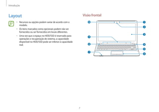 Introdução
7
Visão frontal
2
3
4
6
1
5
8
9
10
7
Layout
• 	Recursos ou opções podem variar de acordo com o
modelo.
• 	Os itens marcados como opcionais podem não ser
fornecidos ou ser fornecidos em locais diferentes.
• 	Uma vez que o espaço no HDD/SSD é reservado para
operações e recuperação de sistema, a capacidade
disponível no HDD/SSD pode ser inferior à capacidade
real.
 
