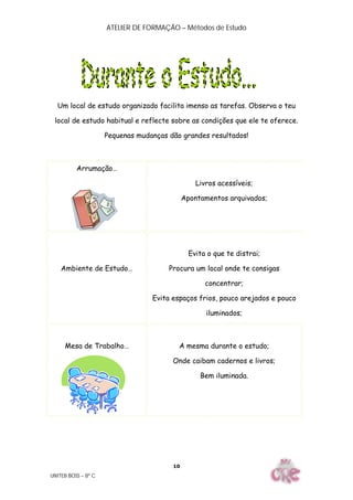ATELIER DE FORMAÇÃO – Métodos de Estudo
UNITEB BOSS – 8º C
10
Um local de estudo organizado facilita imenso as tarefas. Observa o teu
local de estudo habitual e reflecte sobre as condições que ele te oferece.
Pequenas mudanças dão grandes resultados!
Arrumação…
Livros acessíveis;
Apontamentos arquivados;
Ambiente de Estudo…
Evita o que te distrai;
Procura um local onde te consigas
concentrar;
Evita espaços frios, pouco arejados e pouco
iluminados;
Mesa de Trabalho… A mesma durante o estudo;
Onde caibam cadernos e livros;
Bem iluminada.
 