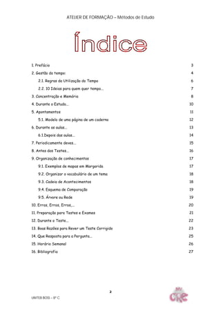 ATELIER DE FORMAÇÃO – Métodos de Estudo
UNITEB BOSS – 8º C
2
1. Prefácio 3
2. Gestão do tempo: 4
2.1. Regras da Utilização do Tempo 6
2.2. 10 Ideias para quem quer tempo... 7
3. Concentração e Memória 8
4. Durante o Estudo... 10
5. Apontamentos 11
5.1. Modelo de uma página de um caderno 12
6. Durante as aulas... 13
6.1.Depois das aulas... 14
7. Periodicamente deves... 15
8. Antes dos Testes... 16
9. Organização de conhecimentos 17
9.1. Exemplos de mapas em Margarida 17
9.2. Organizar o vocabulário de um tema 18
9.3. Cadeia de Acontecimentos 18
9.4. Esquema de Comparação 19
9.5. Árvore ou Rede 19
10. Erros, Erros, Erros,... 20
11. Preparação para Testes e Exames 21
12. Durante o Teste... 22
13. Boas Razões para Rever um Teste Corrigido 23
14. Que Resposta para a Pergunta... 25
15. Horário Semanal 26
16. Bibliografia 27
 