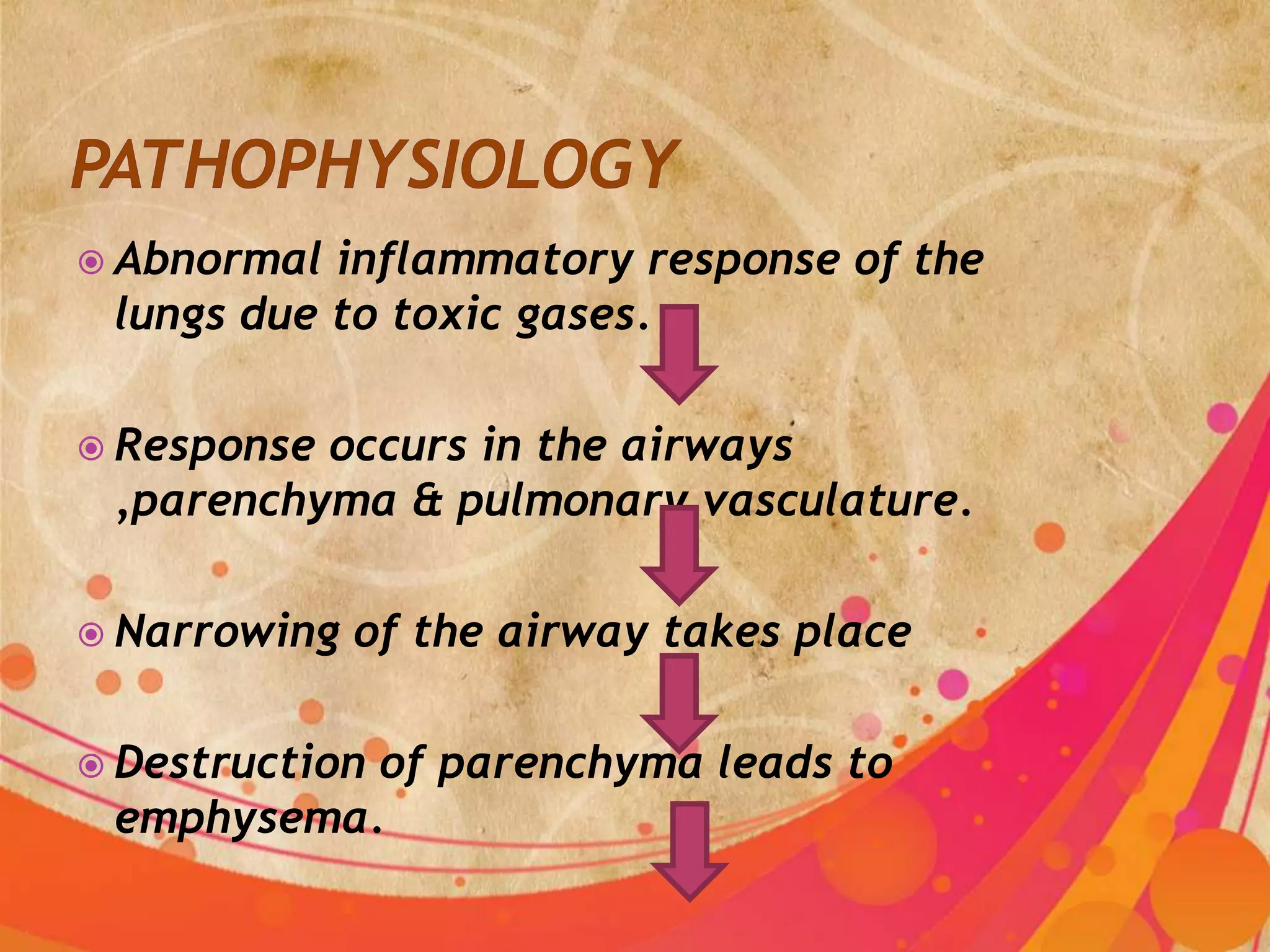  Abnormal inflammatory response of the
 lungs due to toxic gases.

 Responseoccurs in the airways
 ,parenchyma & pulmonary vasculature.

 Narrowing   of the airway takes place

 Destruction
           of parenchyma leads to
 emphysema.
 