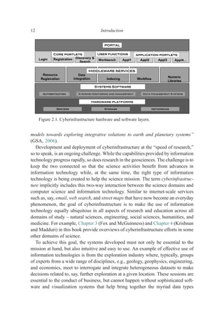 models towards exploring integrative solutions to earth and planetary systems”
(GSA, 2006).
Development and deployment of cyberinfrastructure at the “speed of research,”
so to speak, is an ongoing challenge. While the capabilities provided by information
technology progress rapidly, so does research in the geosciences. The challenge is to
keep the two connected so that the science activities beneﬁt from advances in
information technology while, at the same time, the right type of information
technology is being created to help the science mission. The term cyberinfrastruc-
ture implicitly includes this two-way interaction between the science domains and
computer science and information technology. Similar to internet-scale services
such as, say, email, web search, and street maps that have now become an everyday
phenomenon, the goal of cyberinfrastructure is to make the use of information
technology equally ubiquitous in all aspects of research and education across all
domains of study – natural sciences, engineering, social sciences, humanities, and
medicine. For example, Chapter 3 (Fox and McGuinness) and Chapter 4 (Krishnan
and Madduri) in this book provide overviews of cyberinfrastructure efforts in some
other domains of science.
To achieve this goal, the systems developed must not only be essential to the
mission at hand, but also intuitive and easy to use. An example of effective use of
information technologies is from the exploration industry where, typically, groups
of experts from a wide range of disciplines, e.g., geology, geophysics, engineering,
and economics, meet to interrogate and integrate heterogeneous datasets to make
decisions related to, say, further exploration at a given location. These sessions are
essential to the conduct of business, but cannot happen without sophisticated soft-
ware and visualization systems that help bring together the myriad data types
Figure 2.1. Cyberinfrastructure hardware and software layers.
12 Introduction
 