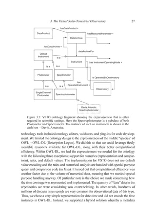 technology tools included ontology editors, validators, and plug-ins for code develop-
ment. We limited the ontology design to the expressiveness of the middle “species” of
OWL – OWL-DL (Description Logics). We did this so that we could leverage freely
available reasoners available for OWL-DL, along with their better computational
efﬁciency. Within OWL-DL, we had the expressiveness we needed for the ontology
with the following three exceptions: support for numerics (representation and compar-
ison), rules, and default values. The implementation for VSTO does not use default
value encoding and the rules and numerical analysis are handled with special purpose
query and comparison code (in Java). It turned out that computational efﬁciency was
another factor due to the volume of numerical data, meaning that we needed special
purpose handling anyway. Of particular note is the choice we made concerning how
the time coverage was represented and implemented. The quantity of “date” data in the
repositories we were considering was overwhelming. In other words, hundreds of
millions of discrete time records are very common for observational data of this type.
Thus, we chose a very simple representation for date-time and did not encode the time
instances in OWL-DL. Instead, we supported a hybrid solution whereby a metadata
DataProduct
hasDataProduct +
DataArchive
hasMeasuredParameter +
has InstrumentOperatingMode +
Instrument
dataArchiveFor
hasDataArchive +
Optical
Instrument
Photometer Spectrometer
Spectrophotometer
SingleChannel
Photometer
is a is a
is a is a
is a
has
OperatedInstrument +
is OperatedByObservatory
Observatory
Davis Antarctic
Spectrophotometer
Figure 3.2. VSTO ontology fragment showing the expressiveness that is often
required in scientiﬁc settings. Here the Spectrophotometer is a subclass of both
Photometer and Spectrometer. The instance of such an instrument is shown in the
dash box – Davis, Antarctica.
3 The Virtual Solar-Terrestrial Observatory 27
 