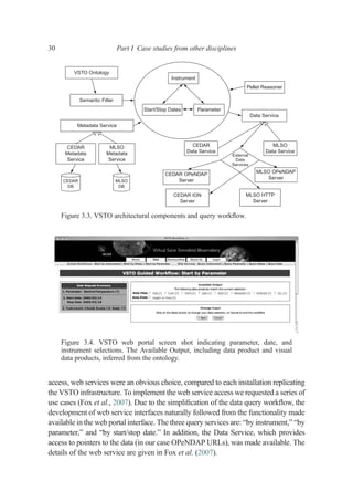 access, web services were an obvious choice, compared to each installation replicating
the VSTO infrastructure. To implement the web service access we requested a series of
use cases (Fox et al., 2007). Due to the simpliﬁcation of the data query workﬂow, the
development of web service interfaces naturally followed from the functionality made
available in the web portal interface. The three query services are: “by instrument,” “by
parameter,” and “by start/stop date.” In addition, the Data Service, which provides
access to pointers to the data (in our case OPeNDAP URLs), was made available. The
details of the web service are given in Fox et al. (2007).
Figure 3.4. VSTO web portal screen shot indicating parameter, date, and
instrument selections. The Available Output, including data product and visual
data products, inferred from the ontology.
VSTO Ontology
Semantic Filter
Metadata Service
Start/Stop Dates Parameter
Instrument
CEDAR
Metadata
Service
CEDAR
Data Service
MLSO
Data Service
MLSO OPeNDAP
Server
External
Data
Services
MLSO HTTP
Server
CEDAR ION
Server
Data Service
Pellet Reasoner
CEDAR
DB
MLSO
DB
MLSO
Metadata
Service
CEDAR OPeNDAP
Server
Figure 3.3. VSTO architectural components and query workﬂow.
30 Part I Case studies from other disciplines
 