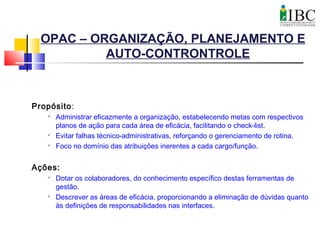 OPAC – ORGANIZAÇÃO, PLANEJAMENTO E
AUTO-CONTRONTROLE
Propósito:

Administrar eficazmente a organização, estabelecendo metas com respectivos
planos de ação para cada área de eficácia, facilitando o check-list.

Evitar falhas técnico-administrativas, reforçando o gerenciamento de rotina.

Foco no domínio das atribuições inerentes a cada cargo/função.
Ações:

Dotar os colaboradores, do conhecimento específico destas ferramentas de
gestão.

Descrever as áreas de eficácia, proporcionando a eliminação de dúvidas quanto
às definições de responsabilidades nas interfaces.
 