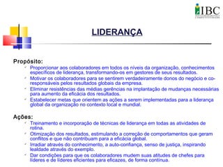 LIDERANÇA
Propósito:

Proporcionar aos colaboradores em todos os níveis da organização, conhecimentos
específicos de liderança, transformando-os em gestores de seus resultados.

Motivar os colaboradores para se sentirem verdadeiramente donos do negócio e co-
responsáveis pelos resultados globais da empresa.

Eliminar resistências das médias gerências na implantação de mudanças necessárias
para aumento da eficácia dos resultados.

Estabelecer metas que orientem as ações a serem implementadas para a liderança
global da organização no contexto local e mundial.
Ações:

Treinamento e incorporação de técnicas de liderança em todas as atividades de
rotina.

Otimização dos resultados, estimulando a correção de comportamentos que geram
conflitos e que não contribuam para a eficácia global.

Irradiar através do conhecimento, a auto-confiança, senso de justiça, inspirando
lealdade através do exemplo.

Dar condições para que os colaboradores mudem suas atitudes de chefes para
líderes e de líderes eficientes para eficazes, de forma contínua.
 
