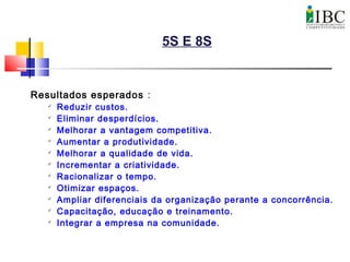 5S E 8S
Resultados esperados :

Reduzir custos.

Eliminar desperdícios.

Melhorar a vantagem competitiva.

Aumentar a produtividade.

Melhorar a qualidade de vida.

Incrementar a criatividade.

Racionalizar o tempo.

Otimizar espaços.

Ampliar diferenciais da organização perante a concorrência.

Capacitação, educação e treinamento.

Integrar a empresa na comunidade.
 