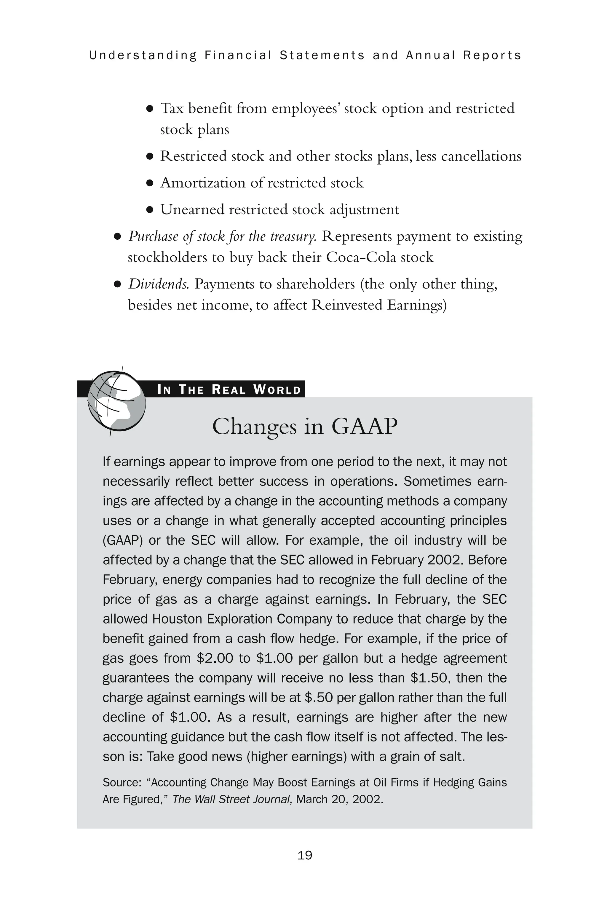 • Tax benefit from employees’ stock option and restricted
stock plans
• Restricted stock and other stocks plans, less cancellations
• Amortization of restricted stock
• Unearned restricted stock adjustment
• Purchase of stock for the treasury. Represents payment to existing
stockholders to buy back their Coca-Cola stock
• Dividends. Payments to shareholders (the only other thing,
besides net income, to affect Reinvested Earnings)
19
U n d e r s t a n d i n g F i n a n c i a l S t a t e m e n t s a n d A n n u a l R e p o r t s
Changes in GAAP
If earnings appear to improve from one period to the next, it may not
necessarily reflect better success in operations. Sometimes earn-
ings are affected by a change in the accounting methods a company
uses or a change in what generally accepted accounting principles
(GAAP) or the SEC will allow. For example, the oil industry will be
affected by a change that the SEC allowed in February 2002. Before
February, energy companies had to recognize the full decline of the
price of gas as a charge against earnings. In February, the SEC
allowed Houston Exploration Company to reduce that charge by the
benefit gained from a cash flow hedge. For example, if the price of
gas goes from $2.00 to $1.00 per gallon but a hedge agreement
guarantees the company will receive no less than $1.50, then the
charge against earnings will be at $.50 per gallon rather than the full
decline of $1.00. As a result, earnings are higher after the new
accounting guidance but the cash flow itself is not affected. The les-
son is: Take good news (higher earnings) with a grain of salt.
Source: “Accounting Change May Boost Earnings at Oil Firms if Hedging Gains
Are Figured,” The Wall Street Journal, March 20, 2002.
IN TH E RE A L WO R L D
 
