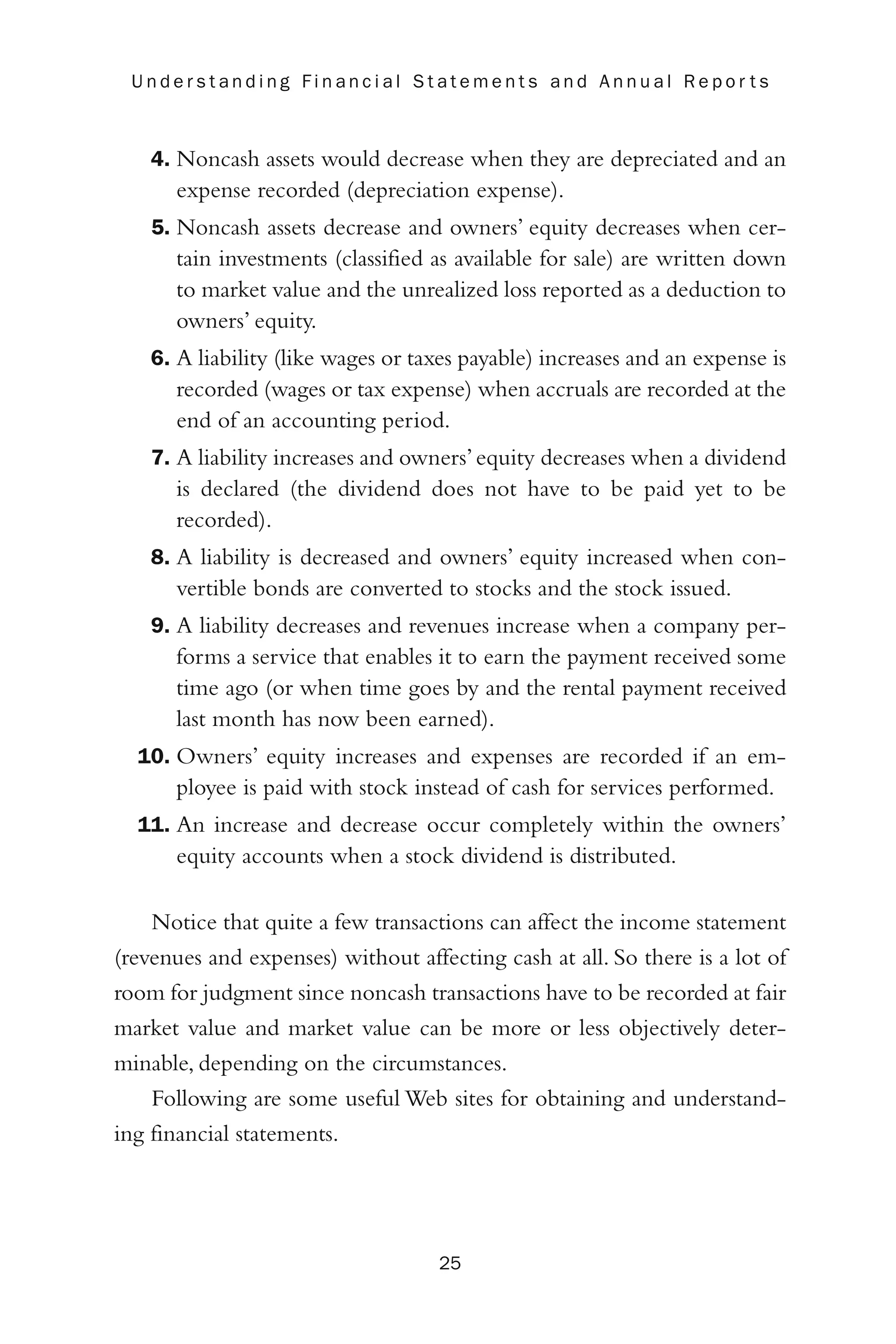 25
U n d e r s t a n d i n g F i n a n c i a l S t a t e m e n t s a n d A n n u a l R e p o r t s
4. Noncash assets would decrease when they are depreciated and an
expense recorded (depreciation expense).
5. Noncash assets decrease and owners’ equity decreases when cer-
tain investments (classified as available for sale) are written down
to market value and the unrealized loss reported as a deduction to
owners’ equity.
6. A liability (like wages or taxes payable) increases and an expense is
recorded (wages or tax expense) when accruals are recorded at the
end of an accounting period.
7. A liability increases and owners’equity decreases when a dividend
is declared (the dividend does not have to be paid yet to be
recorded).
8. A liability is decreased and owners’ equity increased when con-
vertible bonds are converted to stocks and the stock issued.
9. A liability decreases and revenues increase when a company per-
forms a service that enables it to earn the payment received some
time ago (or when time goes by and the rental payment received
last month has now been earned).
10. Owners’ equity increases and expenses are recorded if an em-
ployee is paid with stock instead of cash for services performed.
11. An increase and decrease occur completely within the owners’
equity accounts when a stock dividend is distributed.
Notice that quite a few transactions can affect the income statement
(revenues and expenses) without affecting cash at all. So there is a lot of
room for judgment since noncash transactions have to be recorded at fair
market value and market value can be more or less objectively deter-
minable, depending on the circumstances.
Following are some useful Web sites for obtaining and understand-
ing financial statements.
 