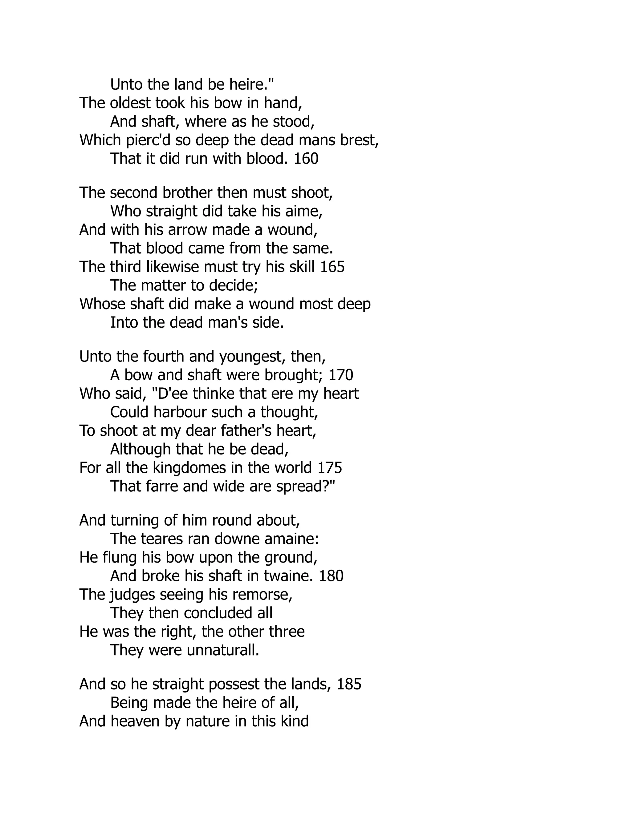Unto the land be heire."
The oldest took his bow in hand,
And shaft, where as he stood,
Which pierc'd so deep the dead mans brest,
That it did run with blood. 160
The second brother then must shoot,
Who straight did take his aime,
And with his arrow made a wound,
That blood came from the same.
The third likewise must try his skill 165
The matter to decide;
Whose shaft did make a wound most deep
Into the dead man's side.
Unto the fourth and youngest, then,
A bow and shaft were brought; 170
Who said, "D'ee thinke that ere my heart
Could harbour such a thought,
To shoot at my dear father's heart,
Although that he be dead,
For all the kingdomes in the world 175
That farre and wide are spread?"
And turning of him round about,
The teares ran downe amaine:
He flung his bow upon the ground,
And broke his shaft in twaine. 180
The judges seeing his remorse,
They then concluded all
He was the right, the other three
They were unnaturall.
And so he straight possest the lands, 185
Being made the heire of all,
And heaven by nature in this kind
 