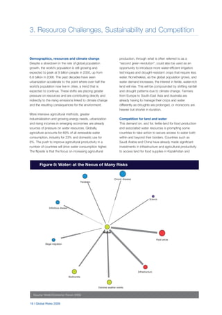 3. Resource Challenges, Sustainability and Competition
16 | Global Risks 2009
Demographics, resources and climate change
Despite a slowdown in the rate of global population
growth, the world’s population is still growing and
expected to peak at 9 billion people in 2050, up from
6.6 billion in 2006. The past decades have seen
urbanization accelerate to the point where over half the
world’s population now live in cities, a trend that is
expected to continue. These shifts are placing greater
pressure on resources and are contributing directly and
indirectly to the rising emissions linked to climate change
and the resulting consequences for the environment.
More intensive agricultural methods, greater
industrialization and growing energy needs, urbanization
and rising incomes in emerging economies are already
sources of pressure on water resources. Globally,
agriculture accounts for 69% of all renewable water
consumption, industry for 23% and domestic use for
8%. The push to improve agricultural productivity in a
number of countries will drive water consumption higher.
The flipside is that the focus on increasing agricultural
production, through what is often referred to as a
“second green revolution”, could also be used as an
opportunity to introduce more water-efficient irrigation
techniques and drought-resistant crops that require less
water. Nonetheless, as the global population grows, and
water demand increases, the interest in fertile, water-rich
land will rise. This will be compounded by shifting rainfall
and drought patterns due to climate change. Farmers
from Europe to South-East Asia and Australia are
already having to manage their crops and water
differently as droughts are prolonged, or monsoons are
heavier but shorter in duration.
Competition for land and water
This demand on, and for, fertile land for food production
and associated water resources is prompting some
countries to take action to secure access to water both
within and beyond their borders. Countries such as
Saudi Arabia and China have already made significant
investments in infrastructure and agricultural productivity
to access land for food supplies in Kazakhstan and
Figure 8: Water: at the Nexus of Many Risks
Source: World Economic Forum 2009
 