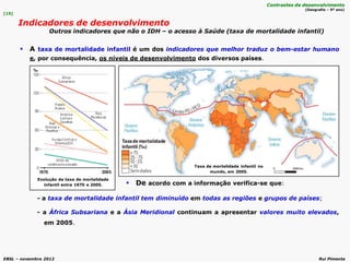 EBSL – novembro 2012 Rui Pimenta
 A taxa de mortalidade infantil é um dos indicadores que melhor traduz o bem-estar humano
e, por consequência, os níveis de desenvolvimento dos diversos países.
- a taxa de mortalidade infantil tem diminuído em todas as regiões e grupos de países;
- a África Subsariana e a Ásia Meridional continuam a apresentar valores muito elevados,
em 2005.
Evolução da taxa de mortalidade
infantil entre 1970 e 2005.  De acordo com a informação verifica-se que:
[15]
Indicadores de desenvolvimento
Outros indicadores que não o IDH – o acesso à Saúde (taxa de mortalidade infantil)
Contrastes de desenvolvimento
(Geografia – 9º ano)
Taxa de mortalidade infantil no
mundo, em 2005.
 