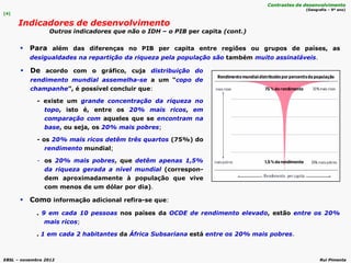 EBSL – novembro 2012 Rui Pimenta
 Para além das diferenças no PIB per capita entre regiões ou grupos de países, as
desigualdades na repartição da riqueza pela população são também muito assinaláveis.
 Como informação adicional refira-se que:
. 9 em cada 10 pessoas nos países da OCDE de rendimento elevado, estão entre os 20%
mais ricos;
. 1 em cada 2 habitantes da África Subsariana está entre os 20% mais pobres.
 De acordo com o gráfico, cuja distribuição do
rendimento mundial assemelha-se a um “copo de
champanhe”, é possível concluir que:
- existe um grande concentração da riqueza no
topo, isto é, entre os 20% mais ricos, em
comparação com aqueles que se encontram na
base, ou seja, os 20% mais pobres;
- os 20% mais ricos detêm três quartos (75%) do
rendimento mundial;
- os 20% mais pobres, que detêm apenas 1,5%
da riqueza gerada a nível mundial (correspon-
dem aproximadamente à população que vive
com menos de um dólar por dia).
[4]
Indicadores de desenvolvimento
Outros indicadores que não o IDH – o PIB per capita (cont.)
Contrastes de desenvolvimento
(Geografia – 9º ano)
 
