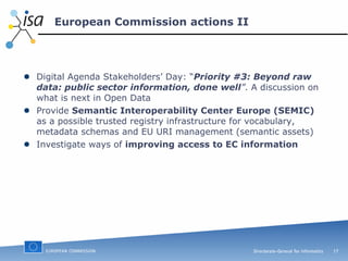 European Commission actions II Digital Agenda Stakeholders’ Day: “ Priority   #3: Beyond raw data: public sector information, done   well ” . A discussion on what is next in Open Data Provide  Semantic Interoperability Center Europe (SEMIC)  as a possible trusted registry infrastructure for vocabulary, metadata schemas and EU URI management (semantic assets) Investigate ways of  improving access to EC information 
