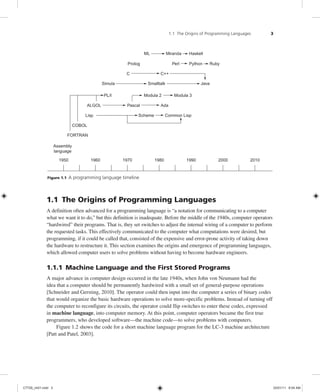 1.1 The Origins of Programming Languages 3
Figure 1.1 A programming language timeline
ML Miranda
Prolog
C
Simula
PL/I Modula 2 Modula 3
ALGOL Pascal Ada
Lisp Scheme Common Lisp
COBOL
FORTRAN
Assembly
language
1950 1960 1970 1980 1990 2000 2010
Smalltalk Java
C++
Ruby
Python
Perl
Haskell
1.1 The Origins of Programming Languages
A definition often advanced for a programming language is “a notation for communicating to a computer
what we want it to do,” but this definition is inadequate. Before the middle of the 1940s, computer operators
“hardwired” their programs. That is, they set switches to adjust the internal wiring of a computer to perform
the requested tasks. This effectively communicated to the computer what computations were desired, but
programming, if it could be called that, consisted of the expensive and error-prone activity of taking down
the hardware to restructure it. This section examines the origins and emergence of programming languages,
which allowed computer users to solve problems without having to become hardware engineers.
1.1.1 Machine Language and the First Stored Programs
A major advance in computer design occurred in the late 1940s, when John von Neumann had the
idea that a computer should be permanently hardwired with a small set of general-purpose operations
[Schneider and Gersting, 2010]. The operator could then input into the computer a series of binary codes
that would organize the basic hardware operations to solve more-specific problems. Instead of turning off
the computer to reconfigure its circuits, the operator could flip switches to enter these codes, expressed
in machine language, into computer memory. At this point, computer operators became the first true
programmers, who developed software—the machine code—to solve problems with computers.
Figure 1.2 shows the code for a short machine language program for the LC-3 machine architecture
[Patt and Patel, 2003].
C7729_ch01.indd 3
C7729_ch01.indd 3 03/01/11 8:54 AM
03/01/11 8:54 AM
 