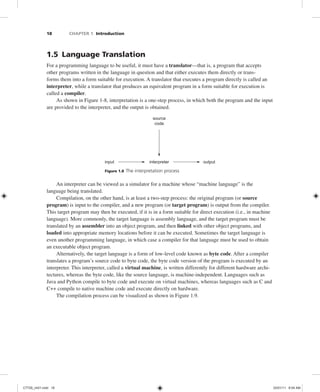 18 CHAPTER 1 Introduction
1.5 Language Translation
For a programming language to be useful, it must have a translator—that is, a program that accepts
other programs written in the language in question and that either executes them directly or trans-
forms them into a form suitable for execution. A translator that executes a program directly is called an
interpreter, while a translator that produces an equivalent program in a form suitable for execution is
called a compiler.
As shown in Figure 1-8, interpretation is a one-step process, in which both the program and the input
are provided to the interpreter, and the output is obtained.
source
code
input interpreter output
Figure 1.8 The interpretation process
An interpreter can be viewed as a simulator for a machine whose “machine language” is the
language being translated.
Compilation, on the other hand, is at least a two-step process: the original program (or source
program) is input to the compiler, and a new program (or target program) is output from the compiler.
This target program may then be executed, if it is in a form suitable for direct execution (i.e., in machine
language). More commonly, the target language is assembly language, and the target program must be
translated by an assembler into an object program, and then linked with other object programs, and
loaded into appropriate memory locations before it can be executed. Sometimes the target language is
even another programming language, in which case a compiler for that language must be used to obtain
an executable object program.
Alternatively, the target language is a form of low-level code known as byte code. After a compiler
translates a program’s source code to byte code, the byte code version of the program is executed by an
interpreter. This interpreter, called a virtual machine, is written differently for different hardware archi-
tectures, whereas the byte code, like the source language, is machine-independent. Languages such as
Java and Python compile to byte code and execute on virtual machines, whereas languages such as C and
C++ compile to native machine code and execute directly on hardware.
The compilation process can be visualized as shown in Figure 1.9.
C7729_ch01.indd 18
C7729_ch01.indd 18 03/01/11 8:54 AM
03/01/11 8:54 AM
 