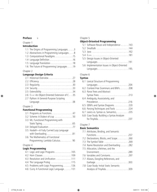 Table of Contents
iii
Preface v
Chapter 1
Introduction
1.1 The Origins of Programming Languages. . . . .3
1.2 Abstractions in Programming Languages . . . .8
1.3 Computational Paradigms. . . . . . . . . . . . . .15
1.4 Language Definition . . . . . . . . . . . . . . . . . .16
1.5 Language Translation . . . . . . . . . . . . . . . . .18
1.6 The Future of Programming Languages . . . .19
Chapter 2
Language Design Criteria
2.1 Historical Overview. . . . . . . . . . . . . . . . . . .27
2.2 Efficiency . . . . . . . . . . . . . . . . . . . . . . . . . .28
2.3 Regularity. . . . . . . . . . . . . . . . . . . . . . . . . .30
2.4 Security . . . . . . . . . . . . . . . . . . . . . . . . . . .33
2.5 Extensibility . . . . . . . . . . . . . . . . . . . . . . . .34
2.6 C++: An Object-Oriented Extension of C . . .35
2.7 Python: A General-Purpose Scripting
Language . . . . . . . . . . . . . . . . . . . . . . . . . .38
Chapter 3
Functional Programming
3.1 Programs as Functions . . . . . . . . . . . . . . . .47
3.2 Scheme: A Dialect of Lisp . . . . . . . . . . . . . .50
3.3 ML: Functional Programming with
Static Typing. . . . . . . . . . . . . . . . . . . . . . . .65
3.4 Delayed Evaluation . . . . . . . . . . . . . . . . . . .77
3.5 Haskell—A Fully Curried Lazy Language
with Overloading . . . . . . . . . . . . . . . . . . . .81
3.6 The Mathematics of Functional
Programming: Lambda Calculus. . . . . . . . . 90
Chapter 4
Logic Programming
4.1 Logic and Logic Programs . . . . . . . . . . . . .105
4.2 Horn Clauses . . . . . . . . . . . . . . . . . . . . . .109
4.3 Resolution and Unification . . . . . . . . . . . .111
4.4 The Language Prolog . . . . . . . . . . . . . . . .115
4.5 Problems with Logic Programming. . . . . . .126
4.6 Curry: A Functional Logic Language. . . . . .131
Chapter 5
Object-Oriented Programming
5.1 Software Reuse and Independence . . . . . .143
5.2 Smalltalk . . . . . . . . . . . . . . . . . . . . . . . . .144
5.3 Java . . . . . . . . . . . . . . . . . . . . . . . . . . . . .162
5.4 C++. . . . . . . . . . . . . . . . . . . . . . . . . . . . .181
5.5 Design Issues in Object-Oriented
Languages . . . . . . . . . . . . . . . . . . . . . . . .191
5.6 Implementation Issues in Object-Oriented
Languages . . . . . . . . . . . . . . . . . . . . . . . .195
Chapter 6
Syntax
6.1 Lexical Structure of Programming
Languages . . . . . . . . . . . . . . . . . . . . . . . .204
6.2 Context-Free Grammars and BNFs. . . . . . .208
6.3 Parse Trees and Abstract
Syntax Trees . . . . . . . . . . . . . . . . . . . . . . .213
6.4 Ambiguity, Associativity, and
Precedence. . . . . . . . . . . . . . . . . . . . . . . .216
6.5 EBNFs and Syntax Diagrams . . . . . . . . . . .220
6.6 Parsing Techniques and Tools . . . . . . . . . .224
6.7 Lexics vs. Syntax vs. Semantics. . . . . . . . . .235
6.8 Case Study: Building a Syntax Analyzer
for TinyAda. . . . . . . . . . . . . . . . . . . . . . . .237
Chapter 7
Basic Semantics
7.1 Attributes, Binding, and Semantic
Functions . . . . . . . . . . . . . . . . . . . . . . . . .257
7.2 Declarations, Blocks, and Scope. . . . . . . . .260
7.3 The Symbol Table . . . . . . . . . . . . . . . . . . .269
7.4 Name Resolution and Overloading . . . . . .282
7.5 Allocation, Lifetimes, and the
Environment . . . . . . . . . . . . . . . . . . . . . . .289
7.6 Variables and Constants . . . . . . . . . . . . . .297
7.7 Aliases, Dangling References, and
Garbage . . . . . . . . . . . . . . . . . . . . . . . . . .303
7.8 Case Study: Initial Static Semantic
Analysis of TinyAda. . . . . . . . . . . . . . . . . .309
C7729_fm.indd iii
C7729_fm.indd iii 03/01/11 10:51 AM
03/01/11 10:51 AM
 