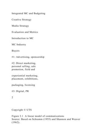 Integrated MC and Budgeting
Creative Strategy
Media Strategy
Evaluation and Metrics
Introduction to MC
MC Industry
Buyers
#1: Advertising, sponsorship
#2: Direct marketing,
personal selling, sale
promotion, field and
experiential marketing,
placement, exhibitions,
packaging, licensing
#3: Digital, PR
2
Copyright © UTS
Figure 2.1 A linear model of communications
Source: Based on Schramm (1955) and Shannon and Weaver
(1962).
 