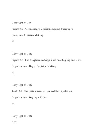 Copyright © UTS
Figure 3.7 A consumer’s decision-making framework
Consumer Decision Making
12
Copyright © UTS
Figure 3.8 The buyphases of organisational buying decisions
Organisational Buyer Decision Making
13
Copyright © UTS
Table 3.2 The main characteristics of the buyclasses
Organisational Buying - Types
14
Copyright © UTS
B2C
 