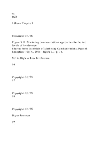 vs
B2B
15From Chapter 1
Copyright © UTS
Figure 3.11 Marketing communications approaches for the two
levels of involvement
Source: From Essentials of Marketing Communications, Pearson
Education (Fill, C. 2011) figure 3.7, p. 74.
MC in High vs Low Involvement
16
Copyright © UTS
17
Copyright © UTS
18
Copyright © UTS
Buyer Journeys
19
 