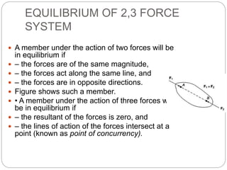 EQUILIBRIUM OF 2,3 FORCE
SYSTEM
 A member under the action of two forces will be
in equilibrium if
 – the forces are of the same magnitude,
 – the forces act along the same line, and
 – the forces are in opposite directions.
 Figure shows such a member.
 • A member under the action of three forces will
be in equilibrium if
 – the resultant of the forces is zero, and
 – the lines of action of the forces intersect at a
point (known as point of concurrency).
 