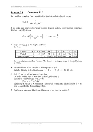 Travaux Dirigés, Automatique Linéaire 1 1A ISMIN
www.emse.fr/~dutertre/enseignement.html - 2011 11
Exercice 3.3 : Correcteur P.I.D.
On considère le système (non corrigé) de fonction de transfert en boucle ouverte :
)2).(1.(
4
)(
++
=
ppp
pTBO
Il est inséré dans une boucle d’asservissement à retour unitaire, comprenant un correcteur,
C(p), de type P.I.D. tel que :
4
.
.
1
1.)( i
dd
i
avecp
p
KpC
τ
ττ
τ
=





++=
4. Représenter TBO(jω) dans le plan de Black.
On donne :
ω (rad/s) 0,2 0,4 0,6 0,8 1 1,2 1,6 2 2,5
|TBO| dB 20 13 8,7 5,2 2 -1 -5,4 -10,5 -15
Arg(TBO) (degrés) -107 -123 -138 -150 -162 -172 -186 -200 -210
On pourra également utiliser l’abaque A5.1 donnée ci-après pour tracer le lieu de Black de
la FTBO.
5. Le correcteur P.I.D. est tel que K = 1 et on pose u = τi.ω.
Calculer |C(jω)|dB et Arg(C(jω)) pour u = 1 2 4 6 8 10 12 16 20 25.
6. Le P.I.D. est calculé par la méthode du pivot.
On choisi comme pivot le point ω = 0,2 rad/s, en déduire τi.
Dessiner la FTBO corrigée pour K = 1 :
)().()( pTpCpT BOBOC =
Déterminer la valeur de K permettant d’obtenir un coefficient d’amortissement m = 0,7
pour le second ordre dominant équivalent.
7. Quelles sont les erreurs à l’échelon, à la rampe, et à la parabole unitaire ?
 