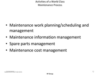 Activities of a World Class Maintenance Process Maintenance work planning/scheduling and management Maintenance information management Spare parts management Maintenance cost management 12/20/2005 