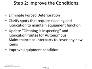 Step 2: Improve the Conditions Eliminate Forced Deterioration Clarify spots that require cleaning and lubrication to maintain equipment function Update “Cleaning is Inspecting” and lubrication routes for Autonomous Maintenance counterparts to cover any new items Improve equipment condition 12/20/2005 