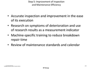 Step 5: Improvement of Inspection and Maintenance Efficiency Accurate inspection and improvement in the ease of its execution Research on symptoms of deterioration and use of research results as a measurement indicator Machine-specific training to reduce breakdown repair time Review of maintenance standards and calendar 12/20/2005 