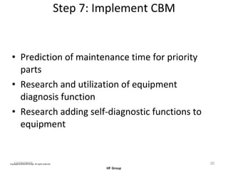 Step 7: Implement CBM Prediction of maintenance time for priority parts Research and utilization of equipment diagnosis function Research adding self-diagnostic functions to equipment 12/20/2005 