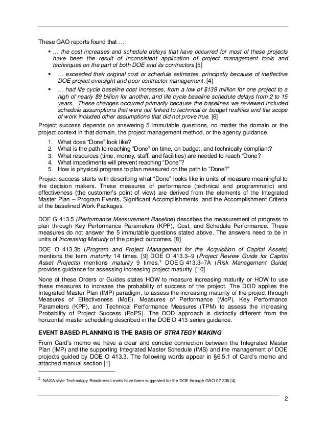 Improving DOE Project Performance Using the DOD Integrated Master Plan