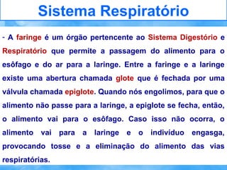 Sistema Respiratório
- A faringe é um órgão pertencente ao Sistema Digestório e
Respiratório que permite a passagem do alimento para o
esôfago e do ar para a laringe. Entre a faringe e a laringe
existe uma abertura chamada glote que é fechada por uma
válvula chamada epiglote. Quando nós engolimos, para que o
alimento não passe para a laringe, a epiglote se fecha, então,
o alimento vai para o esôfago. Caso isso não ocorra, o
alimento

vai

para

a

laringe

e

o

indivíduo

engasga,

provocando tosse e a eliminação do alimento das vias
respiratórias.

 