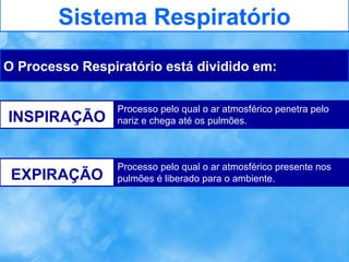 Sistema Respiratório
O Processo Respiratório está dividido em:

INSPIRAÇÃO

Processo pelo qual o ar atmosférico penetra pelo
nariz e chega até os pulmões.

EXPIRAÇÃO

Processo pelo qual o ar atmosférico presente nos
pulmões é liberado para o ambiente.

 