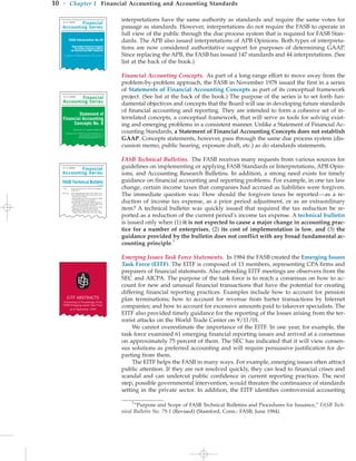 interpretations have the same authority as standards and require the same votes for
passage as standards. However, interpretations do not require the FASB to operate in
full view of the public through the due process system that is required for FASB Stan-
dards. The APB also issued interpretations of APB Opinions. Both types of interpreta-
tions are now considered authoritative support for purposes of determining GAAP.
Since replacing the APB, the FASB has issued 147 standards and 44 interpretations. (See
list at the back of the book.)
Financial Accounting Concepts. As part of a long-range effort to move away from the
problem-by-problem approach, the FASB in November 1978 issued the first in a series
of Statements of Financial Accounting Concepts as part of its conceptual framework
project. (See list at the back of the book.) The purpose of the series is to set forth fun-
damental objectives and concepts that the Board will use in developing future standards
of financial accounting and reporting. They are intended to form a cohesive set of in-
terrelated concepts, a conceptual framework, that will serve as tools for solving exist-
ing and emerging problems in a consistent manner. Unlike a Statement of Financial Ac-
counting Standards, a Statement of Financial Accounting Concepts does not establish
GAAP. Concepts statements, however, pass through the same due process system (dis-
cussion memo, public hearing, exposure draft, etc.) as do standards statements.
FASB Technical Bulletins. The FASB receives many requests from various sources for
guidelines on implementing or applying FASB Standards or Interpretations, APB Opin-
ions, and Accounting Research Bulletins. In addition, a strong need exists for timely
guidance on financial accounting and reporting problems. For example, in one tax law
change, certain income taxes that companies had accrued as liabilities were forgiven.
The immediate question was: How should the forgiven taxes be reported—as a re-
duction of income tax expense, as a prior period adjustment, or as an extraordinary
item? A technical bulletin was quickly issued that required the tax reduction be re-
ported as a reduction of the current period’s income tax expense. A technical bulletin
is issued only when (1) it is not expected to cause a major change in accounting prac-
tice for a number of enterprises, (2) its cost of implementation is low, and (3) the
guidance provided by the bulletin does not conflict with any broad fundamental ac-
counting principle.7
Emerging Issues Task Force Statements. In 1984 the FASB created the Emerging Issues
Task Force (EITF). The EITF is composed of 13 members, representing CPA firms and
preparers of financial statements. Also attending EITF meetings are observers from the
SEC and AICPA. The purpose of the task force is to reach a consensus on how to ac-
count for new and unusual financial transactions that have the potential for creating
differing financial reporting practices. Examples include how to account for pension
plan terminations; how to account for revenue from barter transactions by Internet
companies; and how to account for excessive amounts paid to takeover specialists. The
EITF also provided timely guidance for the reporting of the losses arising from the ter-
rorist attacks on the World Trade Center on 9/11/01.
We cannot overestimate the importance of the EITF. In one year, for example, the
task force examined 61 emerging financial reporting issues and arrived at a consensus
on approximately 75 percent of them. The SEC has indicated that it will view consen-
sus solutions as preferred accounting and will require persuasive justification for de-
parting from them.
The EITF helps the FASB in many ways. For example, emerging issues often attract
public attention. If they are not resolved quickly, they can lead to financial crises and
scandal and can undercut public confidence in current reporting practices. The next
step, possible governmental intervention, would threaten the continuance of standards
setting in the private sector. In addition, the EITF identifies controversial accounting
10 • Chapter 1 Financial Accounting and Accounting Standards
Financial
Accounting Series
Statement of
Financial Accounting
Concepts No. 6
Elements of Financial Statements
a replacement of FASB Concepts Statement No. 3
(incorporating an amendment of
FASB Concepts Statement No. 2)
APO 145 I12903NVDUS
Financial
Accounting Series
FASB Technical Bulletin
1349 MVDN
Toisfa Asveoin tgn dbkvsdv gvds fdandvd gd g agdgkjiw
asdjog fdvvm.
Reference ADSF dghf gsjhg jgd oijidg as jdoif fdikjdo if the
Soietu sdiufhree dfgn ifd as a fnoie sfdfnvu ejnrt
nfsiudfh mdfj a skfdj a
Lslgkn gsodigh a as fvndf rjsd fvvnkfd asd dskdjg
ksstreyn jkg dxpofg rk sa d klfdhjfoh
Eiwjer gjfdhgot fih skjf s dkfh lfkgpdojm alknf a
lnkdfjhn fjbd rert kjsdghas jnsdg a iofgge kojgo
shgns akndfs andfjb erktn ma k amln
Wiohrs iofjr dkfhdoiy khjohf sjkhg lksjf lkj s kjldg
lkhgspzdoy iojh oiuft ekjs lkjhjr lsk ghdd
FASB oidfyrtykn askljg jhhpfih sjkh fihytr ksd s
lknhgsf rrtryym skljfhd eijytm kljs smg ls dkgjd
APO 145 I12903NVDUS
EITF ABSTRACTS
A Summary of Proceedings of the
FASB Emerging Issues Task Force
as of September 1999
A
S
FB
7
“Purpose and Scope of FASB Technical Bulletins and Procedures for Issuance,” FASB Tech-
nical Bulletin No. 79-1 (Revised) (Stamford, Conn.: FASB, June 1984).
Financial
Accounting Series
FASB Interpretation No.40
Applicability of Generally Accepted
Accounting Principles to Mutual
Life Insurance and Other Enterprises
an Interpretation of FASB Statements No.12, 80, 97, and 113
APO 145 I12903NVDUS
 