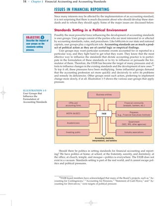 ISSUES IN FINANCIAL REPORTING
Since many interests may be affected by the implementation of an accounting standard,
it is not surprising that there is much discussion about who should develop these stan-
dards and to whom they should apply. Some of the major issues are discussed below.
Standards Setting in a Political Environment
Possibly the most powerful force influencing the development of accounting standards
is user groups. User groups consist of the parties who are most interested in or affected
by accounting standards, rules, and procedures. Like lobbyists in our state and national
capitals, user groups play a significant role. Accounting standards are as much a prod-
uct of political action as they are of careful logic or empirical findings.
User groups may want particular economic events accounted for or reported in a
particular way, and they fight hard to get what they want. They know that the most
effective way to influence the standards that dictate accounting practice is to partici-
pate in the formulation of these standards or to try to influence or persuade the for-
mulator of them. Therefore, the FASB has become the target of many pressures and ef-
forts to influence changes in the existing standards and the development of new ones.10
To top it off, these pressures have been multiplying. Some influential groups demand
that the accounting profession act more quickly and decisively to solve its problems
and remedy its deficiencies. Other groups resist such action, preferring to implement
change more slowly, if at all. Illustration 1-5 shows the various user groups that apply
pressure.
14 • Chapter 1 Financial Accounting and Accounting Standards
Accounting standards,
interpretations, and bulletins
FASB
Financial community
(analysts, bankers, etc.)
Government
(SEC, IRS, other agencies)
Industry associations
CPAs and
accounting firms
AICPA (AcSEC)
Academicians
Investing public
Business entities
Preparers
(e.g., Financial Executives Institute)
ILLUSTRATION 1-5
User Groups that
Influence the
Formulation of
Accounting Standards
Should there be politics in setting standards for financial accounting and report-
ing? We have politics at home; at school; at the fraternity, sorority, and dormitory; at
the office; at church, temple, and mosque—politics is everywhere. The FASB does not
exist in a vacuum. Standards setting is part of the real world, and it cannot escape pol-
itics and political pressures.
10
FASB board members have acknowledged that many of the Board’s projects, such as “Ac-
counting for Contingencies,” “Accounting for Pensions,” “Statement of Cash Flows,” and “Ac-
counting for Derivatives,” were targets of political pressure.
OBJECTIVE 
Describe the impact of
user groups on the
standards-setting
process.
 