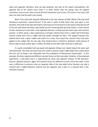 15
equal and opposite; therefore, they say that whatever one side of the system accomplishes, the
opposite side of the system must undo it. In other words, they are saying, since the applied
momentum sums to zero, then so must the final momentum sum to zero. This much is true, but it still
does not mean that the wall is not moved.
What if the wall itself responds differently to the two influxes of balls? What if the wall itself
introduces asymmetric reaction-forces? If the wall is made of little doors that only open in one
direction, then half of the balls will impart a full-measure of momentum to the wall as they bounce off
of the one side where the doors stay closed; but the remaining balls will only impart a small amount
of their momentum to the wall, in the opposite direction, as they push the doors open and continue
onward. In other words, a door experiences a stronger collision-force from a rubber ball if that door
remains closed than from a rubber ball that pushes through the door. This happens because the
collision-force that a given rubber ball exerts on a door must equal the reaction force that door
applies to the rubber ball. On one side, that reaction-force is limited to whatever small amount of
force it takes to push a door open. In effect, the balls on the other side encounter a solid wall.
It is quite remarkable that two equal and opposite influxes can indeed impact the same wall
asymmetrically. This does not prove that one could in-practice make a light-diode; but it does prove
that this sort of thing is not impossible from the standpoint of Momentum Conservation. In this
example, the doors experienced different reaction forces on their two sides. Similarly, in the proposed
experiment, a two-sided mirror is approached by equal and opposite influxes of EM Quantum-
Vacuum radiation-pressure. Again, the reaction forces are different on each of the two sides. In this
case, a difference in pressure arises on opposite sides of the two-sided mirror because one side is
covered with a highly-refractive material and the opposite side is bare or is covered with a low-
refraction material.
 