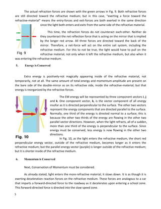 5
The actual refraction forces are shown with the green arrows in Fig. 9. Both refractive forces
are still directed toward the refractive medium; but in this case, “exerting a force toward the
refractive-material” means the entry-forces and exit-forces are both exerted in the same direction
since the light both enters and exits from the same side of the refractive material.
This time, the refraction forces do not counteract each-other. Neither do
they counteract the net reflection force that is acting on the mirror that is implied
by the longer red arrow. All three forces are directed toward the back of the
mirror. Therefore, a net-force will act on the entire sail system, including the
refractive medium. For this to not be true, the light would have to pull on the
refractive material, not only when it left the refractive medium, but also when it
was entering the refractive medium.
5. Energy is Conserved
Extra energy is positively-not magically appearing inside of the refractive material, not
temporarily, not at all. The same amount of total-energy and momentum-amplitude are present on
the bare side of the double-mirror as on its refractive side, inside the refractive-material; but that
energy is reorganized by the refractive-forces.
The EM energy will be represented by three component vectors i, j
and k. One component vector, k, is the vector component of all energy
insofar as it is directed perpendicular to the surface. The other two vectors
represent the energy components that are directed parallel to the surface.
Normally, one third of the energy is directed normal to a surface; this is
because the other two thirds of the energy are flowing in the other two
parallel vector directions. However, when the light refracts, all of a sudden,
more than one third of the energy is perpendicular to the surface. Since
energy must be conserved, less energy is now flowing in the other two
directions.
In Fig. 10, as the light enters the refractive medium, the short red
perpendicular energy vector, outside of the refractive medium, becomes longer as it enters the
refractive medium; but the parallel energy vector (purple) is longer outside of the refractive medium;
but it is shorter inside of the refractive medium.
6. Momentum is Conserved
Next, Conservation of Momentum must be considered.
As already stated, light enters the more-refractive material, it slows down. It is as though it is
exerting deceleration reaction forces on the refractive medium. These forces are analogous to a car
that imparts a forward-directed force to the roadway as it decelerates upon entering a school zone.
This forward-directed force is directed into the slow-speed zone.
 