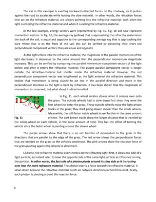 6
The car in this example is exerting backwards-directed forces on the roadway, as it pushes
against the road to accelerate while leaving the slow material. In other words, the refraction forces
that act on the refractive material, are always pointing into the refractive material, both when the
light is entering the refractive-material and when it is exiting the refractive-material.
In the last example, energy vectors were represented by Fig. 10. Fig. 10 will now represent
momentum vectors. In Fig. 10, the average-ray (yellow) that is approaching the refractive material on
the back of the sail, is equal and opposite to the corresponding average ray that is approaching the
bare mirror that is on the front of the sail; this can be verified by observing their short red
perpendicular component vectors; they are equal and opposite.
As the light enters into the refractive material, the magnitude of the parallel momentum of the
light decreases; it decreases by the same amount that the perpendicular momentum magnitude
increases. This can be verified by comparing the parallel momentum-component vectors of the light
before and after it enters the refractive material: The purple parallel component vector is longer
outside the refractive-material but shorter inside the refractive material. However, the red
perpendicular component vector was lengthened as the light entered the refractive material. This
implies that momentum is being caused to act less in the parallel direction and more in the
perpendicular direction as the light is bent by refraction. It has been shown that the magnitude of
momentum is conserved; but what about its directionality?
In Fig. 11, each wheel rotates slower when it crosses over onto
the grass. The outside wheels had to slow down first since they were the
first wheels to enter the grass. These outside wheels make the light-brown
tracks in the grass; they start going-slower sooner than the inside wheels.
Meanwhile, the still-faster inside wheels travel further in the same amount
Fig. 11 of time. The dark brown tracks show the longer distance that is traveled by
the inside-wheel on each vehicle, in the same amount of time. This has the effect of turning the
vehicle since the faster wheel is pivoting around the slower wheel.
The purple arrows show that there is no net transfer of momentum to the grass in the
directions that are parallel to the edge of the grass. The red arrow shows the perpendicular forces
that are exerted on the grass as the vehicles decelerate. The pink arrows show the reaction force of
the grass pushing against the wheels to slow them.
Likewise, the refractive material exerts forces on the refracting light; first, it slows one side of a
light particle; an instant later, it slows the opposite side of the same light particle as it finishes turning
the particle. In other words, the fast side of a photon pivots around its slow side as it is crossing
over into the more refractive material. The photon exerts a force toward the refractive material. It
slows down because the refractive-material exerts an outward-directed reaction force on it. Really,
each photon is pivoting around this reaction force.
 
