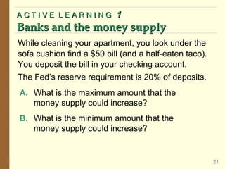 A C T I V E L E A R N I N GA C T I V E L E A R N I N G 11
Banks and the money supplyBanks and the money supply
21
While cleaning your apartment, you look under the
sofa cushion find a $50 bill (and a half-eaten taco).
You deposit the bill in your checking account.
The Fed’s reserve requirement is 20% of deposits.
A. What is the maximum amount that the
money supply could increase?
B. What is the minimum amount that the
money supply could increase?
 