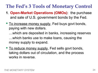 THE MONETARY SYSTEM 24
The Fed’s 3 Tools of Monetary Control
1. Open-Market Operations (OMOs): the purchase
and sale of U.S. government bonds by the Fed.
 To increase money supply, Fed buys govt bonds,
paying with new dollars.
…which are deposited in banks, increasing reserves
…which banks use to make loans, causing the
money supply to expand.
 To reduce money supply, Fed sells govt bonds,
taking dollars out of circulation, and the process
works in reverse.
 