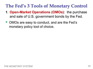THE MONETARY SYSTEM 25
The Fed’s 3 Tools of Monetary Control
1. Open-Market Operations (OMOs): the purchase
and sale of U.S. government bonds by the Fed.
 OMOs are easy to conduct, and are the Fed’s
monetary policy tool of choice.
 