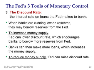 THE MONETARY SYSTEM 27
The Fed’s 3 Tools of Monetary Control
3. The Discount Rate:
the interest rate on loans the Fed makes to banks
 When banks are running low on reserves,
they may borrow reserves from the Fed.
 To increase money supply,
Fed can lower discount rate, which encourages
banks to borrow more reserves from Fed.
 Banks can then make more loans, which increases
the money supply.
 To reduce money supply, Fed can raise discount rate.
 