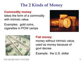 THE MONETARY SYSTEM 5
The 2 Kinds of Money
Commodity money:
takes the form of a commodity
with intrinsic value
Examples: gold coins,
cigarettes in POW camps
Fiat money:
money without intrinsic value,
used as money because of
govt decree
Example: the U.S. dollar
 
