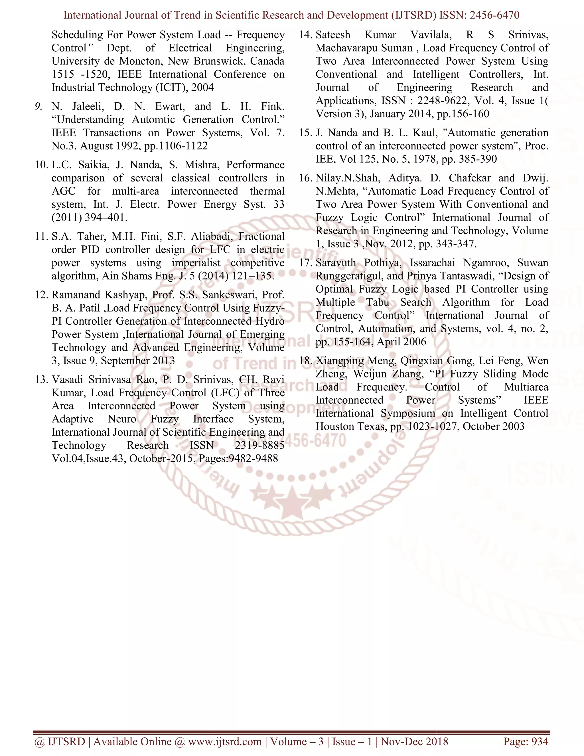 International Journal of Trend in Scientific Research and
@ IJTSRD | Available Online @ www.ijtsrd.com
Scheduling For Power System Load
Control” Dept. of Electrical
University de Moncton, New Brunswick, Canada
1515 -1520, IEEE International Conference on
Industrial Technology (ICIT), 2004
9. N. Jaleeli, D. N. Ewart, and L. H. Fink.
“Understanding Automtic Generation Control.”
IEEE Transactions on Power Systems,
No.3. August 1992, pp.1106-1122
10. L.C. Saikia, J. Nanda, S. Mishra, Performance
comparison of several classical controllers in
AGC for multi-area interconnected thermal
system, Int. J. Electr. Power Energy Syst. 33
(2011) 394–401.
11. S.A. Taher, M.H. Fini, S.F. Aliabadi, Fractional
order PID controller design for LFC in electric
power systems using imperialist competitive
algorithm, Ain Shams Eng. J. 5 (2014) 121
12. Ramanand Kashyap, Prof. S.S. Sankeswari, Prof.
B. A. Patil ,Load Frequency Control Using Fuzzy
PI Controller Generation of Interconnected Hydro
Power System ,International Journal of Emerging
Technology and Advanced Engineering, Volume
3, Issue 9, September 2013
13. Vasadi Srinivasa Rao, P. D. Srinivas, CH. Ravi
Kumar, Load Frequency Control (LFC) of Three
Area Interconnected Power System using
Adaptive Neuro Fuzzy Interface System,
International Journal of Scientific Engineering and
Technology Research ISSN 2319
Vol.04,Issue.43, October-2015, Pages:9482
International Journal of Trend in Scientific Research and Development (IJTSRD) ISSN: 2456
www.ijtsrd.com | Volume – 3 | Issue – 1 | Nov-Dec 2018
Scheduling For Power System Load -- Frequency
Engineering,
University de Moncton, New Brunswick, Canada
IEEE International Conference on
and L. H. Fink.
“Understanding Automtic Generation Control.”
Systems, Vol. 7.
L.C. Saikia, J. Nanda, S. Mishra, Performance
comparison of several classical controllers in
area interconnected thermal
system, Int. J. Electr. Power Energy Syst. 33
, M.H. Fini, S.F. Aliabadi, Fractional
order PID controller design for LFC in electric
power systems using imperialist competitive
algorithm, Ain Shams Eng. J. 5 (2014) 121–135.
Ramanand Kashyap, Prof. S.S. Sankeswari, Prof.
trol Using Fuzzy-
PI Controller Generation of Interconnected Hydro
International Journal of Emerging
Technology and Advanced Engineering, Volume
Vasadi Srinivasa Rao, P. D. Srinivas, CH. Ravi
ntrol (LFC) of Three
Area Interconnected Power System using
Adaptive Neuro Fuzzy Interface System,
International Journal of Scientific Engineering and
Technology Research ISSN 2319-8885
2015, Pages:9482-9488
14. Sateesh Kumar Vavilala,
Machavarapu Suman , Load Frequency Control of
Two Area Interconnected Power System Using
Conventional and Intelligent Controllers,
Journal of Engineering Research and
Applications, ISSN : 2248
Version 3), January 2014, pp.156
15. J. Nanda and B. L. Kaul, "Automatic generation
control of an interconnected power system",
IEE, Vol 125, No. 5, 1978, pp. 385
16. Nilay.N.Shah, Aditya. D. Chafekar and Dwij.
N.Mehta, “Automatic Load Frequency Control of
Two Area Power System With Conventional and
Fuzzy Logic Control” International Journal of
Research in Engineering and Technology, Volume
1, Issue 3 ,Nov. 2012, pp. 343
17. Saravuth Pothiya, Issarachai Ngamroo, Suwan
Runggeratigul, and Prinya Tantaswadi, “Design of
Optimal Fuzzy Logic based PI Controller using
Multiple Tabu Search Algorithm for Load
Frequency Control” International Journal of
Control, Automation, and Systems, vol. 4, no. 2,
pp. 155-164, April 2006
18. Xiangping Meng, Qingxian Gong, Lei Feng, Wen
Zheng, Weijun Zhang, “PI Fuzzy Sliding Mode
Load Frequency. Control of Multiarea
Interconnected Power Systems” IEEE
International Symposium on
Houston Texas, pp. 1023-1027,
Development (IJTSRD) ISSN: 2456-6470
Dec 2018 Page: 934
Sateesh Kumar Vavilala, R S Srinivas,
Machavarapu Suman , Load Frequency Control of
Two Area Interconnected Power System Using
Conventional and Intelligent Controllers, Int.
Journal of Engineering Research and
Applications, ISSN : 2248-9622, Vol. 4, Issue 1(
2014, pp.156-160
L. Kaul, "Automatic generation
control of an interconnected power system", Proc.
Vol 125, No. 5, 1978, pp. 385-390
Nilay.N.Shah, Aditya. D. Chafekar and Dwij.
N.Mehta, “Automatic Load Frequency Control of
r System With Conventional and
Fuzzy Logic Control” International Journal of
Research in Engineering and Technology, Volume
1, Issue 3 ,Nov. 2012, pp. 343-347.
Saravuth Pothiya, Issarachai Ngamroo, Suwan
Runggeratigul, and Prinya Tantaswadi, “Design of
imal Fuzzy Logic based PI Controller using
Multiple Tabu Search Algorithm for Load
International Journal of
Control, Automation, and Systems, vol. 4, no. 2,
Xiangping Meng, Qingxian Gong, Lei Feng, Wen
un Zhang, “PI Fuzzy Sliding Mode
Load Frequency. Control of Multiarea
Interconnected Power Systems” IEEE
Symposium on Intelligent Control
1027, October 2003
 
