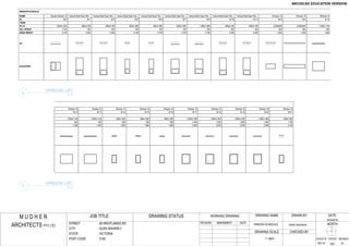 GSEducationalVersion
ARCHITECTS PTY LTD
M U D H E R JOB TITLE DRAWING STATUS DRAWN BY
CHECKED BY
REVSION AMENDMENT DATE
DATE:
DRAWING SCALE
LAYOUT ID STATUS REVISION
NORTH
DRAWING NAME
NAME Double Window 19 Vertical Multi-Sash Win... Vertical Multi-Sash Win... Vertical Multi-Sash Win... Vertical Multi-Sash Win... Vertical Multi-Sash Win... Vertical Multi-Sash Win... Vertical Multi-Sash Win... Vertical Multi-Sash Win... Window 19 Window 19 Window 19
ID W-9 W-1 W-2 W-5 W-6 W-7 W-8 W-10 W-11 W-3 W-4 W-12
FROM
W x H 1,200x1,020 900x2,100 900x2,100 600x1,800 600x1,800 1,000x1,800 1,000x1,800 900x2,100 900x2,100 1,200x600 3,500x600 1,500x1,140
SILL HEIGHT 1,100 300 300 300 300 300 300 300 300 900 900 800
HEAD HEIGHT 2,120 2,400 2,400 2,100 2,100 2,100 2,100 2,400 2,400 1,500 1,500 1,940
2D
ELEVATION
WINDOW SCHEDULE
Window 19 Window 19 Window 19 Window 19 Window 19 Window 19 Window 19 Window 19 Window 19 Window 19
W-12 W-13 W-14 W-15 W-16 W-17 W-18 W-19 W-20 W-21
1,500x1,140 1,500x1,140 600x1,000 600x1,000 600x1,000 1,000x1,200 1,000x1,200 1,000x1,200 1,000x1,200 600x1,000
800 800 900 900 900 1,000 1,000 1,000 1,000 1,100
1,940 1,940 1,900 1,900 1,900 2,200 2,200 2,200 2,200 2,100
2.
WINDOW LIST
1:1
2.
WINDOW LIST
1:1
Harsh Sachdeva
6/23/2016
WD.16 WD A1
1:1 @A3
STREET
CITY
STATE
POST CODE
28 WESTLANDS RD
GLEN WAVERLY
VICTORIA
3150
WINDOW SCHEDULE
WORKING DRAWING
 