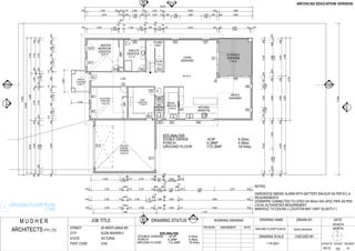 GSEducationalVersion
ARCHITECTS PTY LTD
M U D H E R JOB TITLE DRAWING STATUS DRAWN BY
CHECKED BY
REVSION AMENDMENT DATE
DATE:
DRAWING SCALE
LAYOUT ID STATUS REVISION
NORTH
DRAWING NAME
15.82 m2
9.17 m2
5.89 m2
1.36 m2
86.36 m2
15.81 m2
11.44 m2
5.89 m2
42.00 m2
FF
16x194=3,100
1
2
3
4
5
DRW
MH
6,240
2401602,500
2,340
3,340
2406,000
17,890
16,006
6,2405,5864,180
2406,0002403,7001101,5362403,700240
2,600
2403655,050
2,340
5852403,700110624820
2,340
92
2403,700240
19,812
240 3,700 100 475 110 2,500 110 2,027 110 6,200 240 4,000
4,515 110 650 1,200
1,020
650 110 2,027 110 800 1,000
1,800
2,600 1,000
1,800
800 240 4,000
240 2,850 820
2,340
30
110
465
110
1,590 820
2,340
90
110
959
110
94
770
2,340
94
110 6,200 240 80 3,600
2,340
80 240
2404,8002404,240240
9,760
2406,000240
275
900
2,100
950900
2,100
675
110
1,666
110
560900
2,100
780900
2,100
560240
2,100
5,2804,480
2404,8002403203,600
2,340
320240
2406,000240700600
1,800
2,200600
1,800
7002404,240240
11,357
240 3,700 110
463
110 3,100 110 1,000
110
1,600 110 8,453 240
240 3,700 110
463
110 2,106 770
2,340
224
110
1,000
110
1,600 110 8,453 240
240 3,700 110
463
110 3,100 110
200
600
1,000
200
110
145
1,200
600
255
110
678 3,500
600
4,275 240
7,480
3,425 820
2,340
27
110 3,100 110
52
820
128
110
1,600
110
532
17,890
#DrgID
#LayID
#DrgID
#LayID
#DrgI
#LayI
#DrgID
#LayID
5.28 m2
2.60 m2
17.92 m2
MASTER
BEDROOM
3700X3700
BIR
ENSUITE
2500X3700
STORE
STAIRS
LIVING
6200X5500
MEALS
4000X4800
PANTRY
1600X3700
KITCHEN
4500X3795
WC
1000X2600
L'DRY
3100X3700
STUDY/BED
3700X3700
BIR
PORCH
2100X2600
DOUBLE
GARAGE
7000X6000
ALFRESCO
4000X4480
SD
SD
SITE ANALYSIS
DOUBLE GARAGE : 42 M² 4.52sq
PORCH :5.28M² 0.56sq
GROUND FLOOR :172.26M² 18.54sq
D1
D2
D3
D5
D4
D6
D7
D8D9D10
D11
D12
W1
W2
W21 W3 W4
W5
W6
W7W8W9
W10
W11
WC KITCHEN
D21
E-1
E-2
E-4
E-3
1.
GROUND FLOOR PLAN
1:100
NOTES:
HARDWOOD SMOKE ALARM WITH BATTERY BACKUP AS PER B.C.A
REQUIREMENTS
DOWNPIPE CONNECTED TO LPOD VIA 90mm DIA UPVC PIPE AS PER
LOCAL AUTHORTIES REQUIREMENT
MANHOLE TO CEILING ( LOCATION MAY VARY SLIGHTLY )
SITE ANALYSIS
DOUBLE GARAGE : 42 M² 4.52sq
PORCH :5.28M² 0.56sq
GROUND FLOOR :172.26M² 18.54sq
Harsh Sachdeva
6/23/2016
WD.02 WD A1
1:100 @A3
STREET
CITY
STATE
POST CODE
28 WESTLANDS RD
GLEN WAVERLY
VICTORIA
3150
GROUND FLOOR PLAN 02
WORKING DRAWING
 