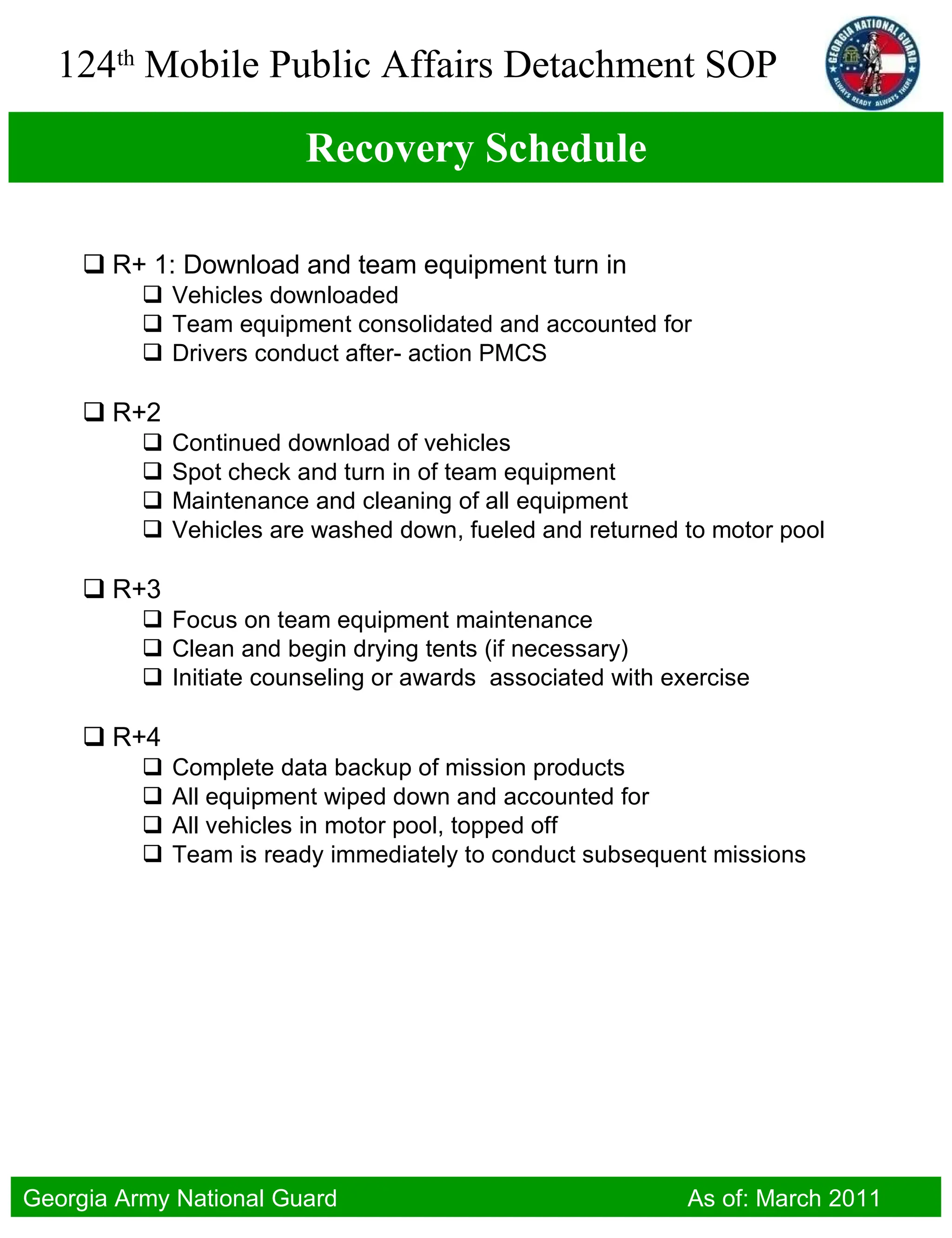 Recovery Schedule R+ 1: Download and team equipment turn in Vehicles downloaded Team equipment consolidated and accounted for Drivers conduct after- action PMCS R+2 Continued download of vehicles Spot check and turn in of team equipment Maintenance and cleaning of all equipment Vehicles are washed down, fueled and returned to motor pool R+3 Focus on team equipment maintenance Clean and begin drying tents (if necessary) Initiate counseling or awards  associated with exercise R+4 Complete data backup of mission products All equipment wiped down and accounted for All vehicles in motor pool, topped off Team is ready immediately to conduct subsequent missions 