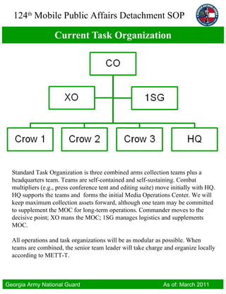 Current Task Organization  Standard Task Organization is three combined arms collection teams plus a headquarters team. Teams are self-contained and self-sustaining. Combat multipliers (e.g., press conference tent and editing suite) move initially with HQ. HQ supports the teams and  forms the initial Media Operations Center. We will keep maximum collection assets forward, although one team may be committed to supplement the MOC for long-term operations. Commander moves to the decisive point; XO mans the MOC; 1SG manages logistics and supplements MOC. All operations and task organizations will be as modular as possible. When  teams are combined, the senior team leader will take charge and organize locally according to METT-T. 