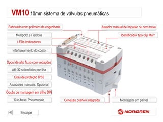 VM10 10mm sistema de válvulas pneumáticas
Fabricado com polímero de engenharia

Atuador manual de impulso ou com trava

Multipolo e Fieldbus

Identificador tipo clip Murr

LEDs Indicadores
Intertravamento do corpo
Spool de alto fluxo com vedações
Até 32 solenóides por ilha
Grau de proteção IP65
Atuadores manuais: Opcional
Opção de montagem em trilho DIN
Sub-base Pneumapole

Escape

Conexão push-in integrada

Montagem em painel

 